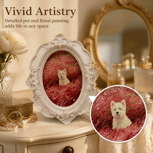 Custom Vintage White-Framed Pet Portrait – Spring Field Series