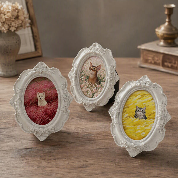 Custom Vintage White-Framed Pet Portrait – Spring Field Series