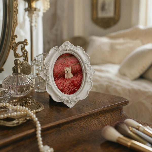 Custom Vintage White-Framed Pet Portrait – Spring Field Series