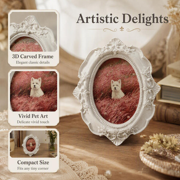 Custom Vintage White-Framed Pet Portrait – Spring Field Series