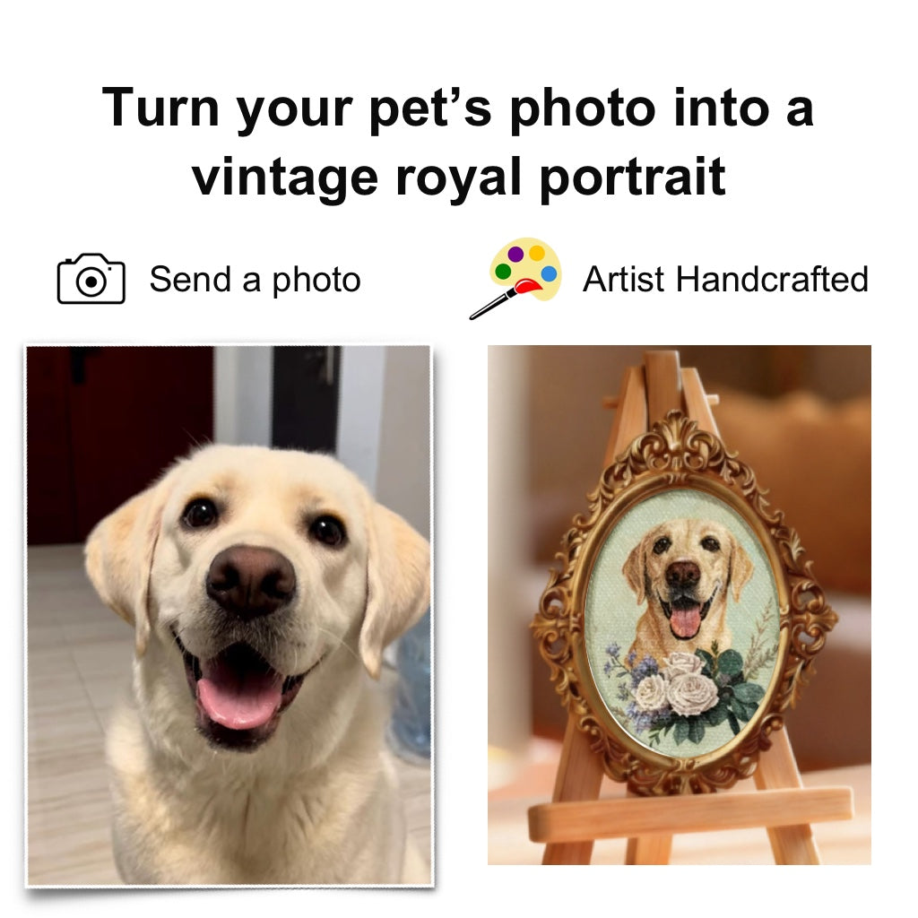 Vintage Handmade Pet Portrait – Customizable Flowers & Background