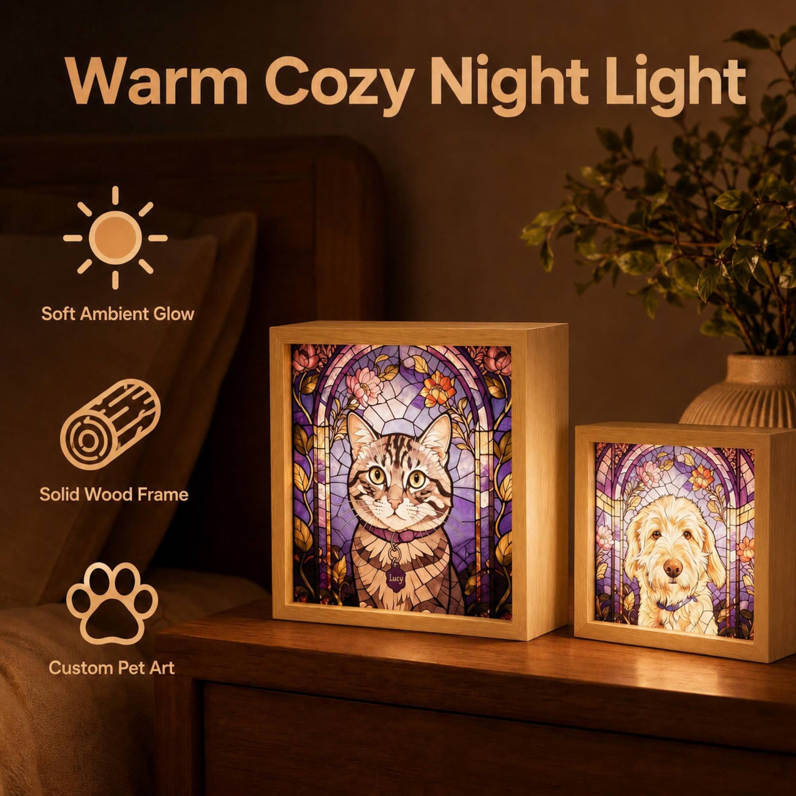 Custom Pet Stained Glass-Style Portrait Night Light