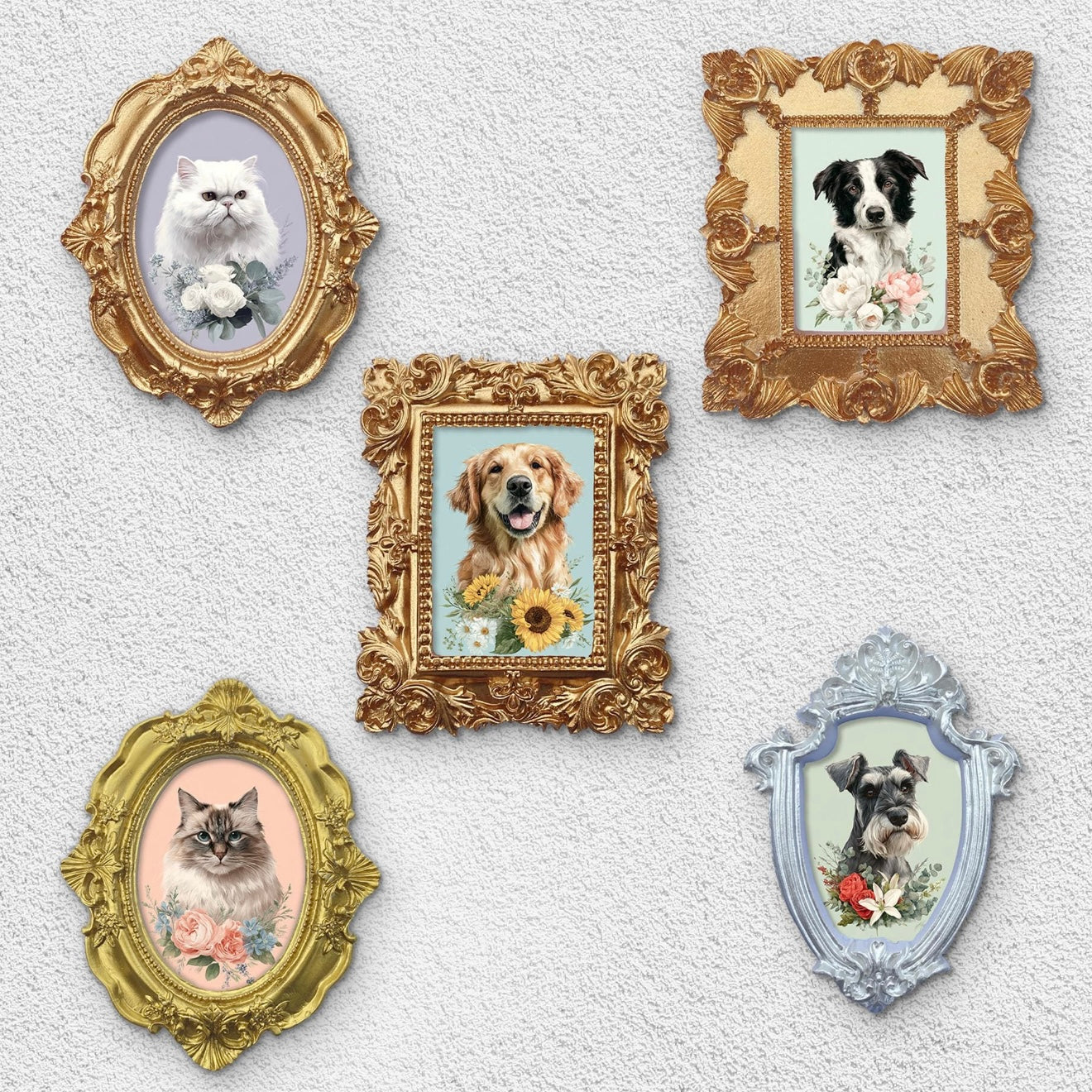 Vintage handgemaltes Tierportrait – anpassbare Blumen & Hintergrund
