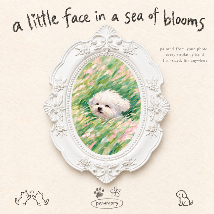 Custom Vintage White-Framed Pet Portrait – Spring Field Series