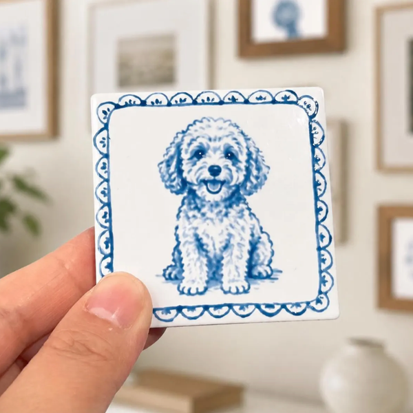Custom Pet Portrait Fridge Magnet – Blue Porcelain Style