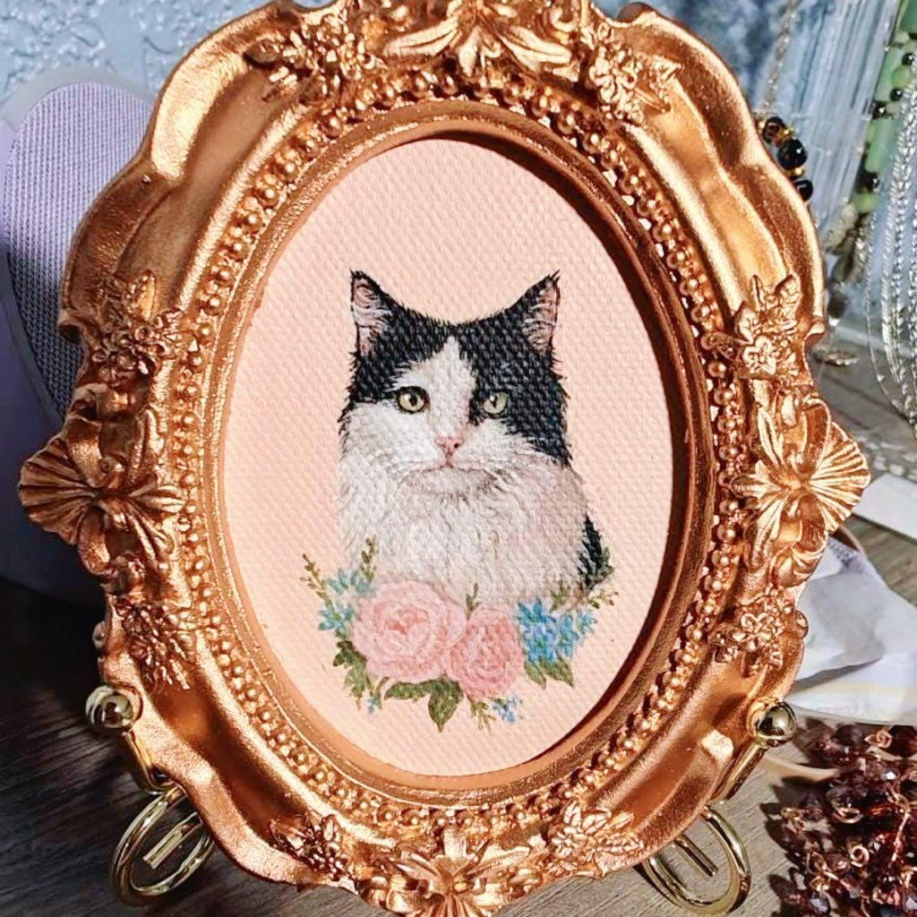 Vintage handgemaltes Tierportrait – anpassbare Blumen & Hintergrund