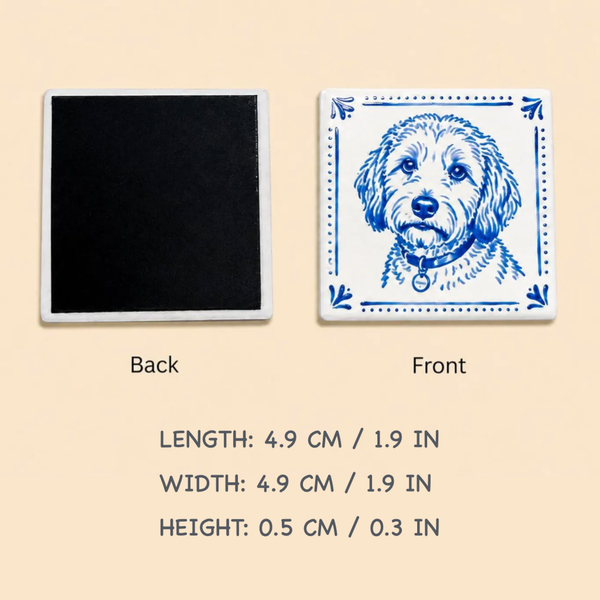 Custom Pet Portrait Fridge Magnet – Blue Porcelain Style