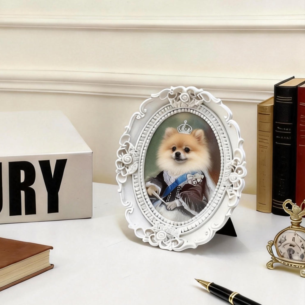 Custom Hand-Drawn Pet Portrait - Noble Vintage with White Ornate Frame