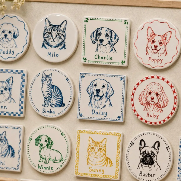 Custom Pet Portrait Fridge Magnet – Blue Porcelain Style