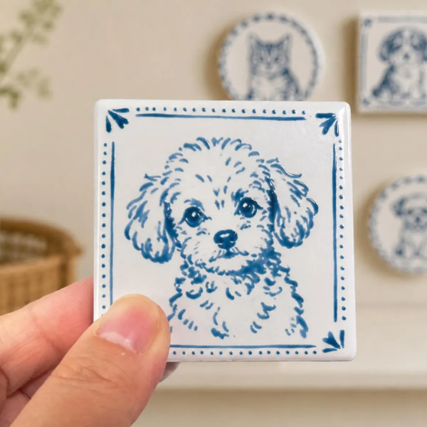 Custom Pet Portrait Fridge Magnet – Blue Porcelain Style