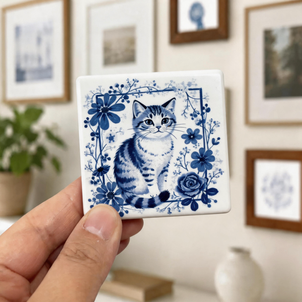 Custom Pet Portrait Fridge Magnet – Blue Porcelain Style
