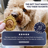 Dog holding a gold-framed photo of itself with a review card on a wooden floor.