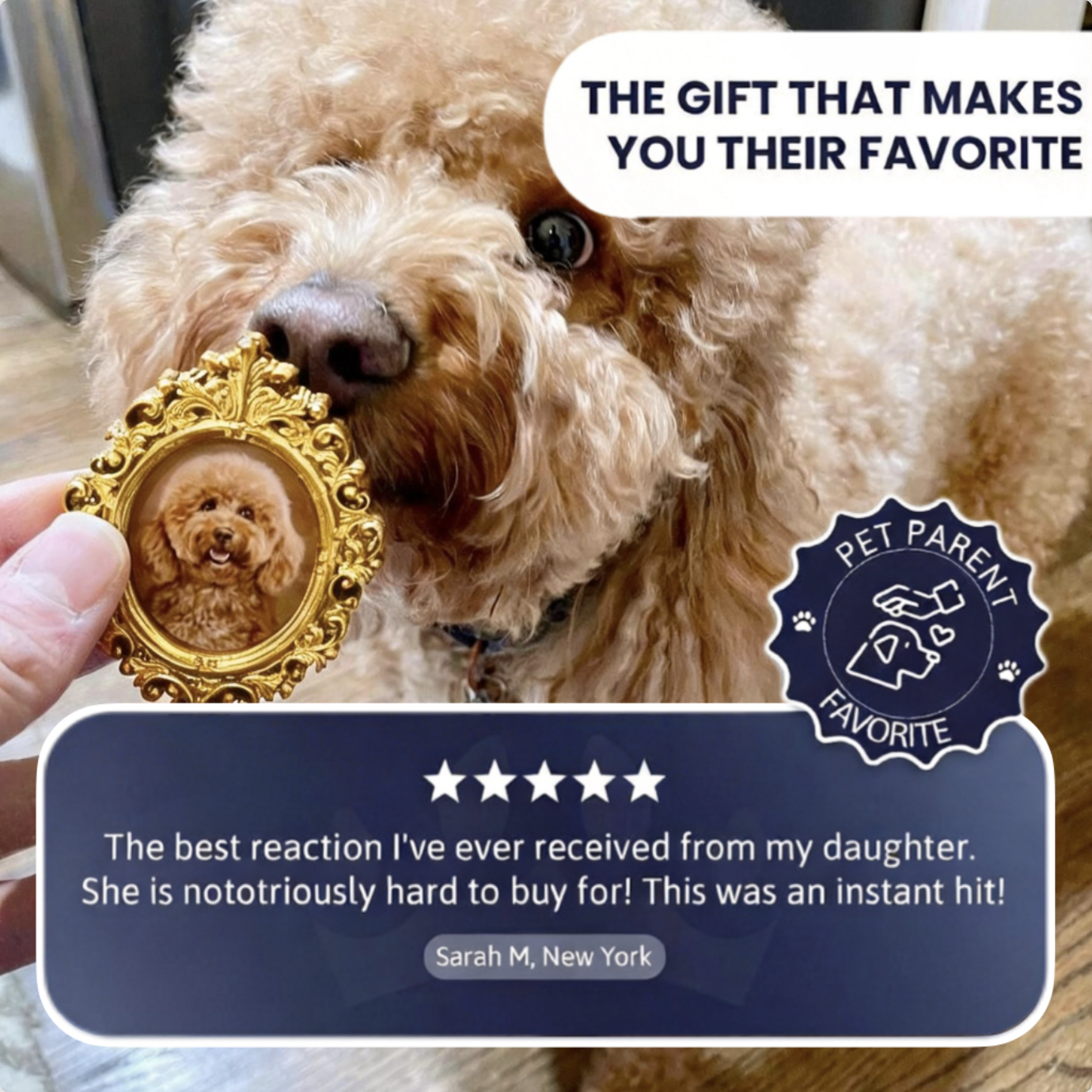 Dog holding a gold-framed photo of itself with a review card on a wooden floor.