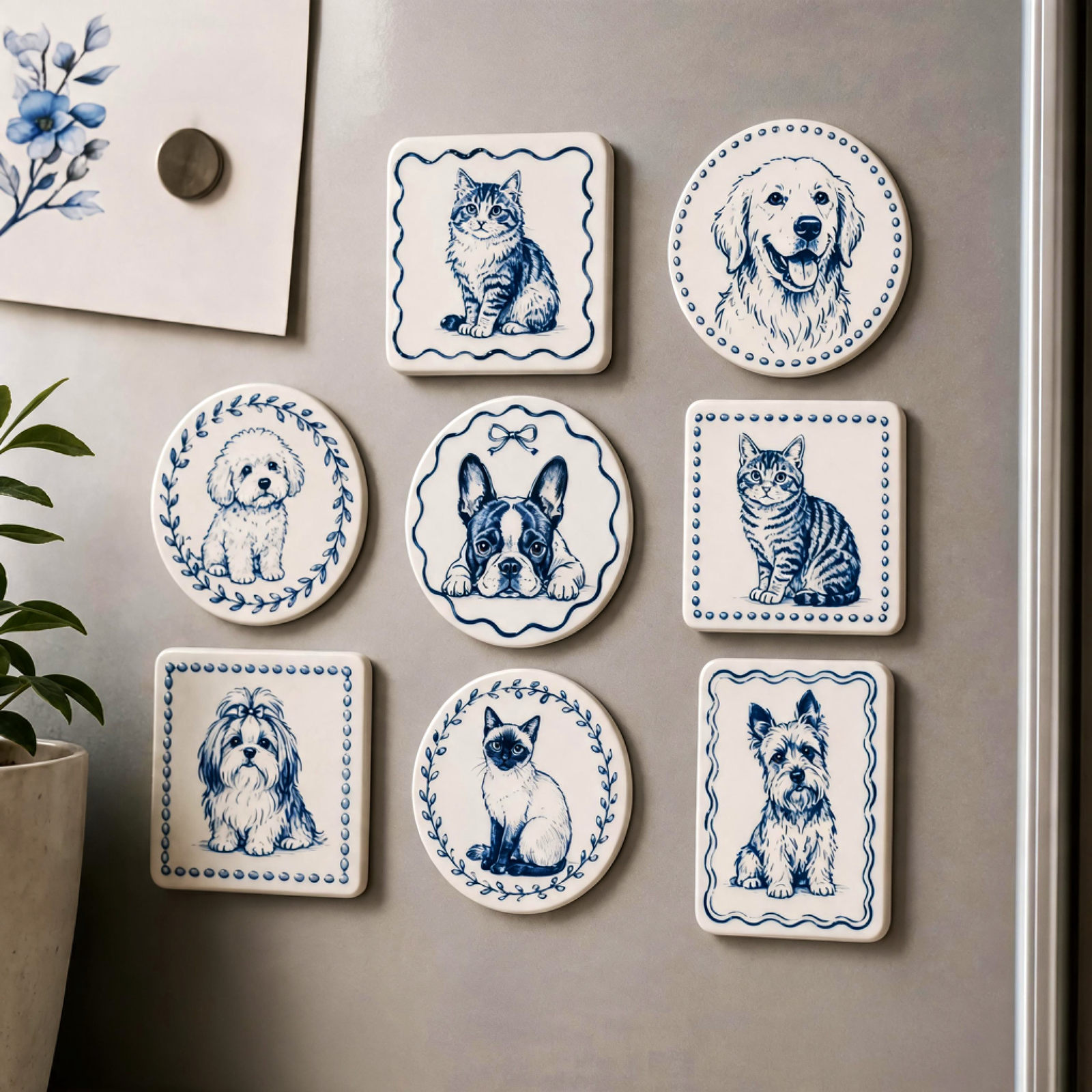 Custom Pet Portrait Fridge Magnet – Blue Porcelain Style
