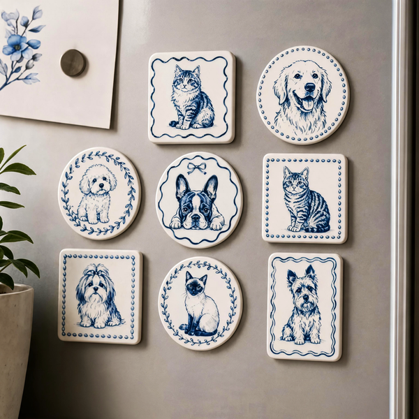 Custom Pet Portrait Fridge Magnet – Blue Porcelain Style