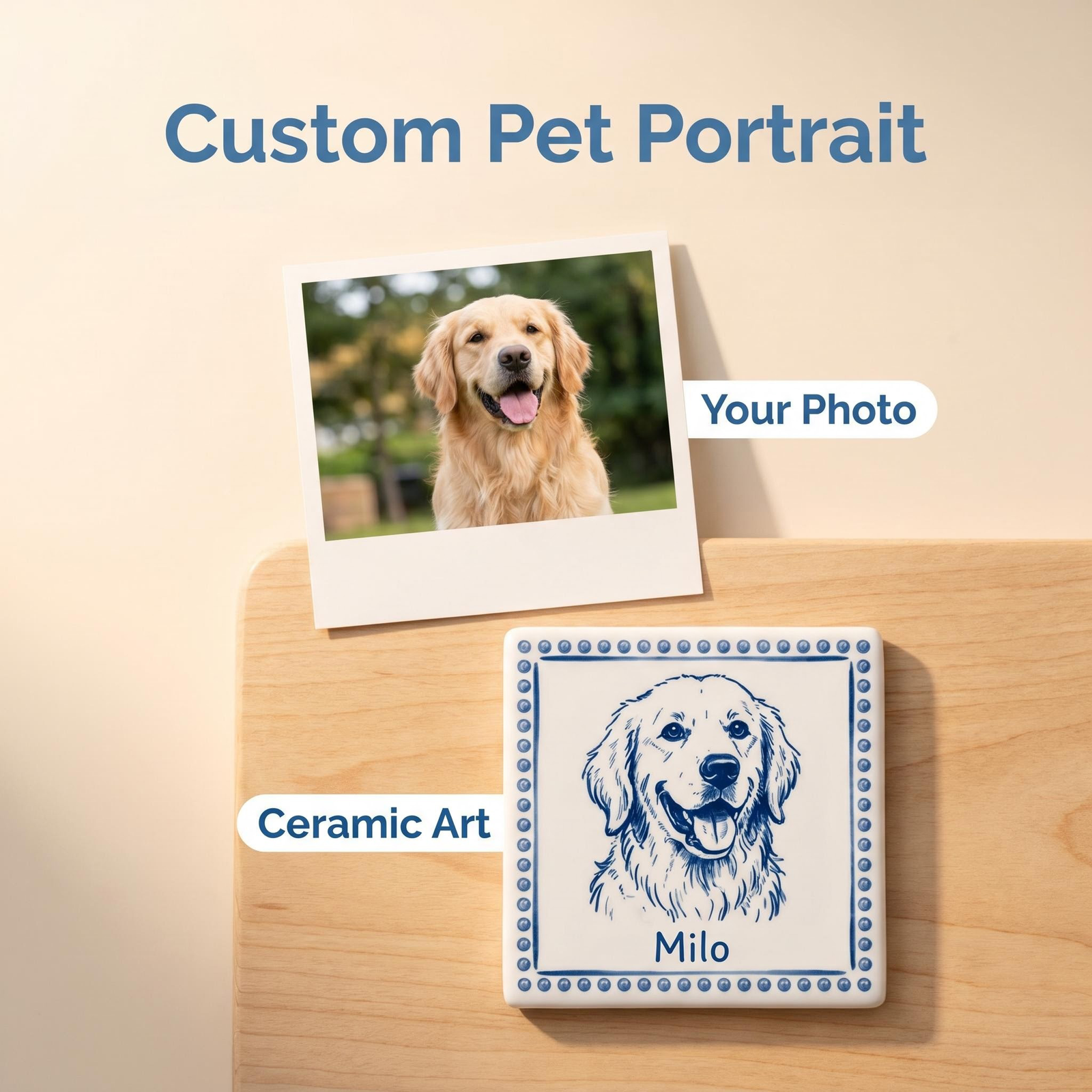 Custom Pet Portrait Fridge Magnet – Blue Porcelain Style