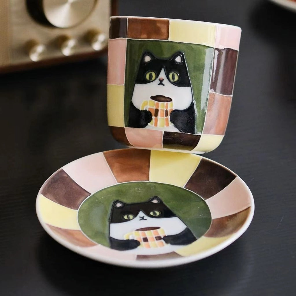 Hand-painted Tuxedo Cat Ceramic Coffee Cup & Saucer Set | Creator Exclusive image 1