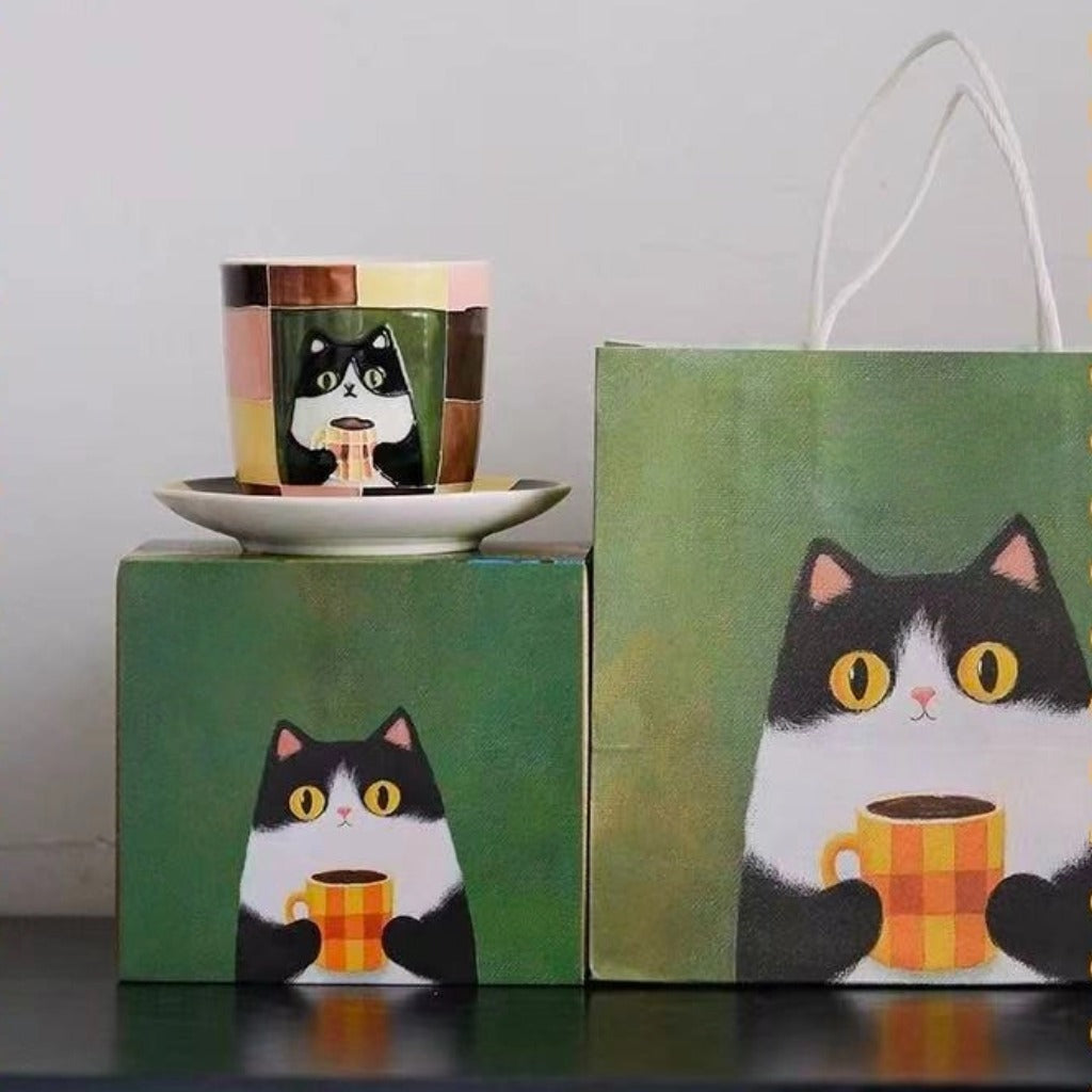 Hand-painted Tuxedo Cat Ceramic Coffee Cup & Saucer Set | Creator Exclusive image 3